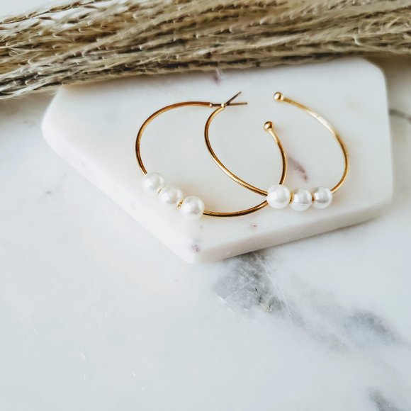 5 for $25 Gold Color Pearl Decorated Hoop Earrings - Picture 4 of 5